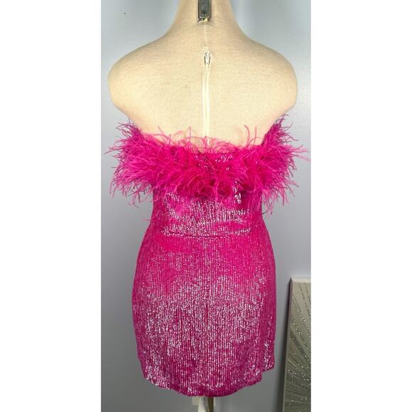 Retrofete Torin Fuchsia Pink Sequin Feather Hem Mini Dress Size Medium - Picture 8 of 10